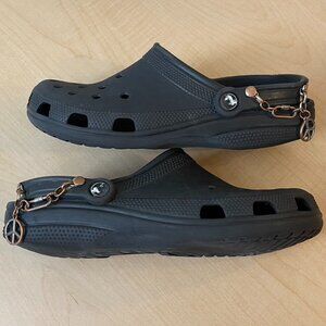 Crocs Classic Black Peace Sign Chain Mules Slides Unisex Size Mens 8 Womens 10